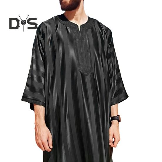 

Традиционный мужской длинный халат Ближний Восток Ретро одежда с круглым вырезом и половиной рукавов с вышивкой в ​​прямую полоску плюс размер до щиколотки Повседневная одежда Топ L чёрный