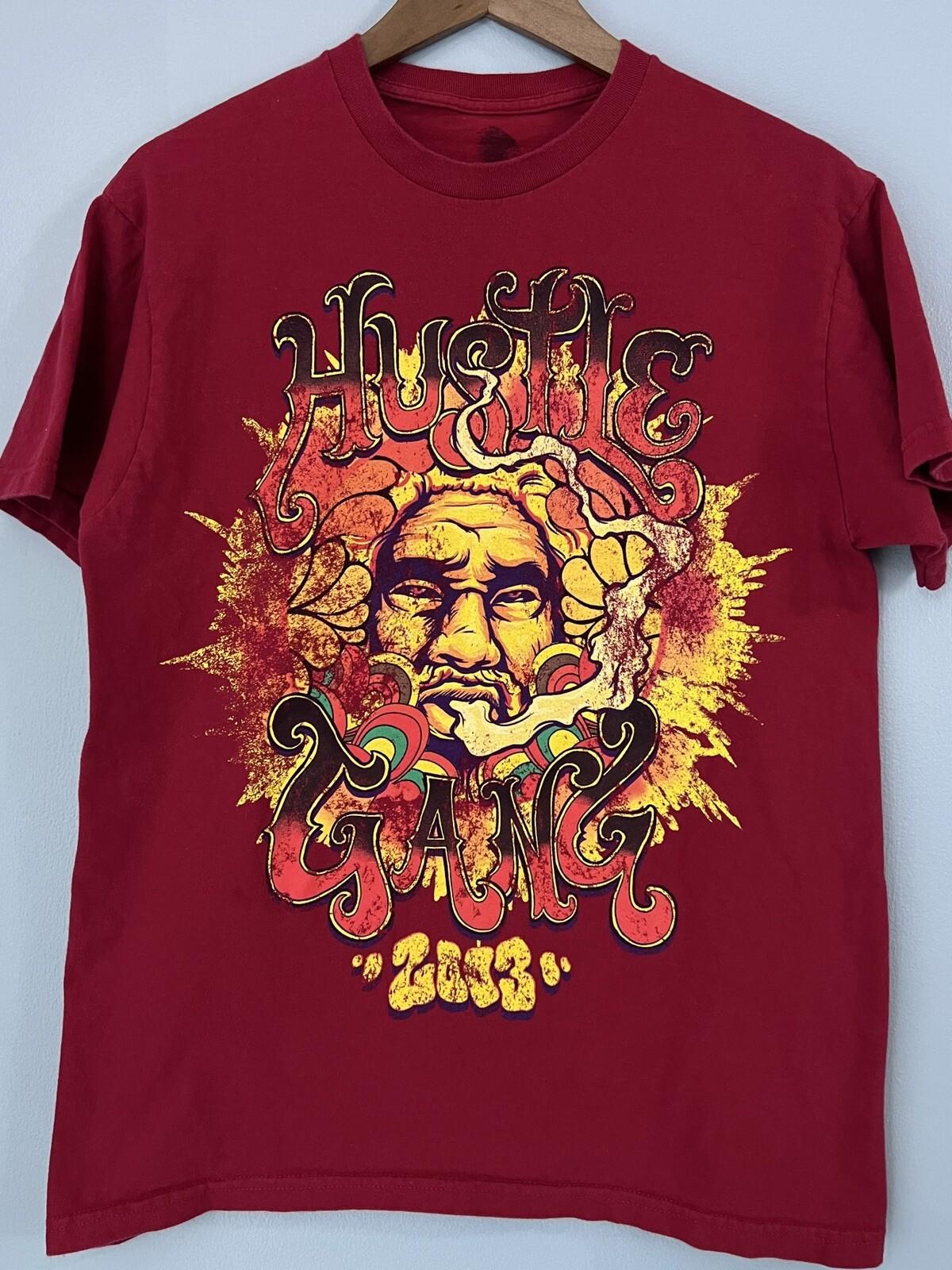 Hustle Gang 2003 Graphic T Shirt Red Indian Chief Rasta Smoke Clouds Sun Sz M S