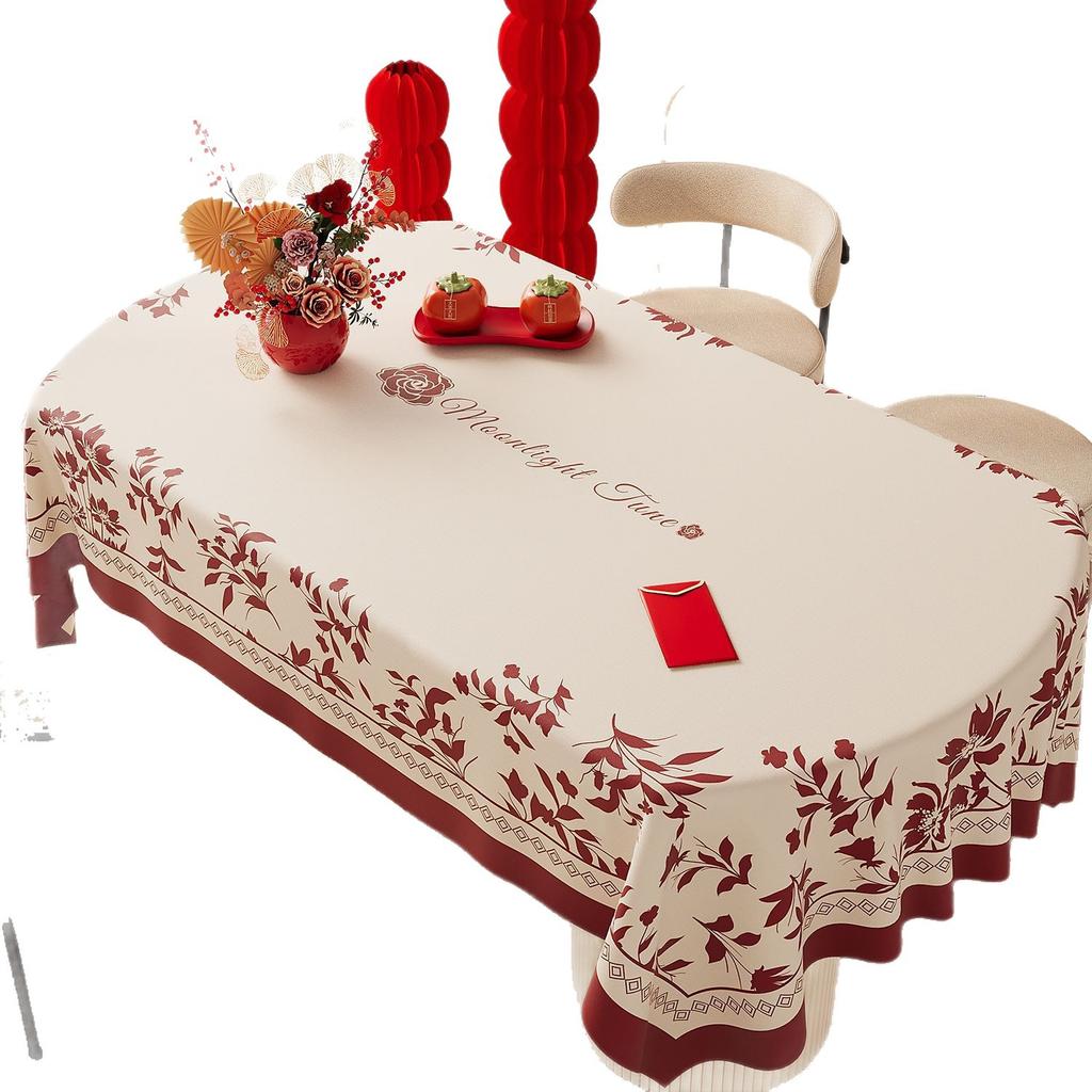 Wedding Festive Red Tablecloth Waterproof And Oil-Proof Leave-In Light Luxury High-End Coffee Table Tablecloth Cover Red Meal