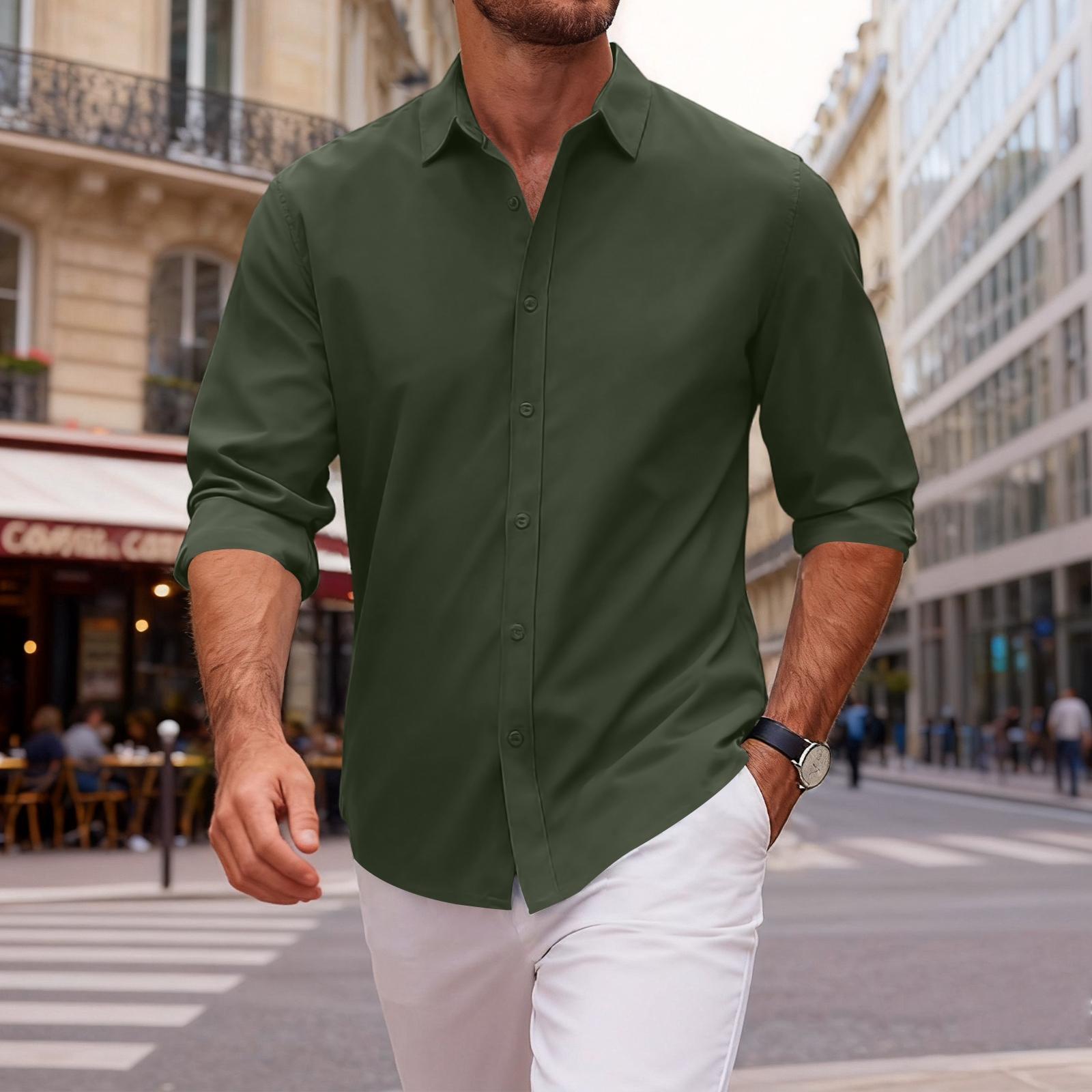 

Men Long Sleeve Button Down Shirt Classic Fit Collar Solid Print Lightweight Fabric Casual Dress Top S армия зеленый