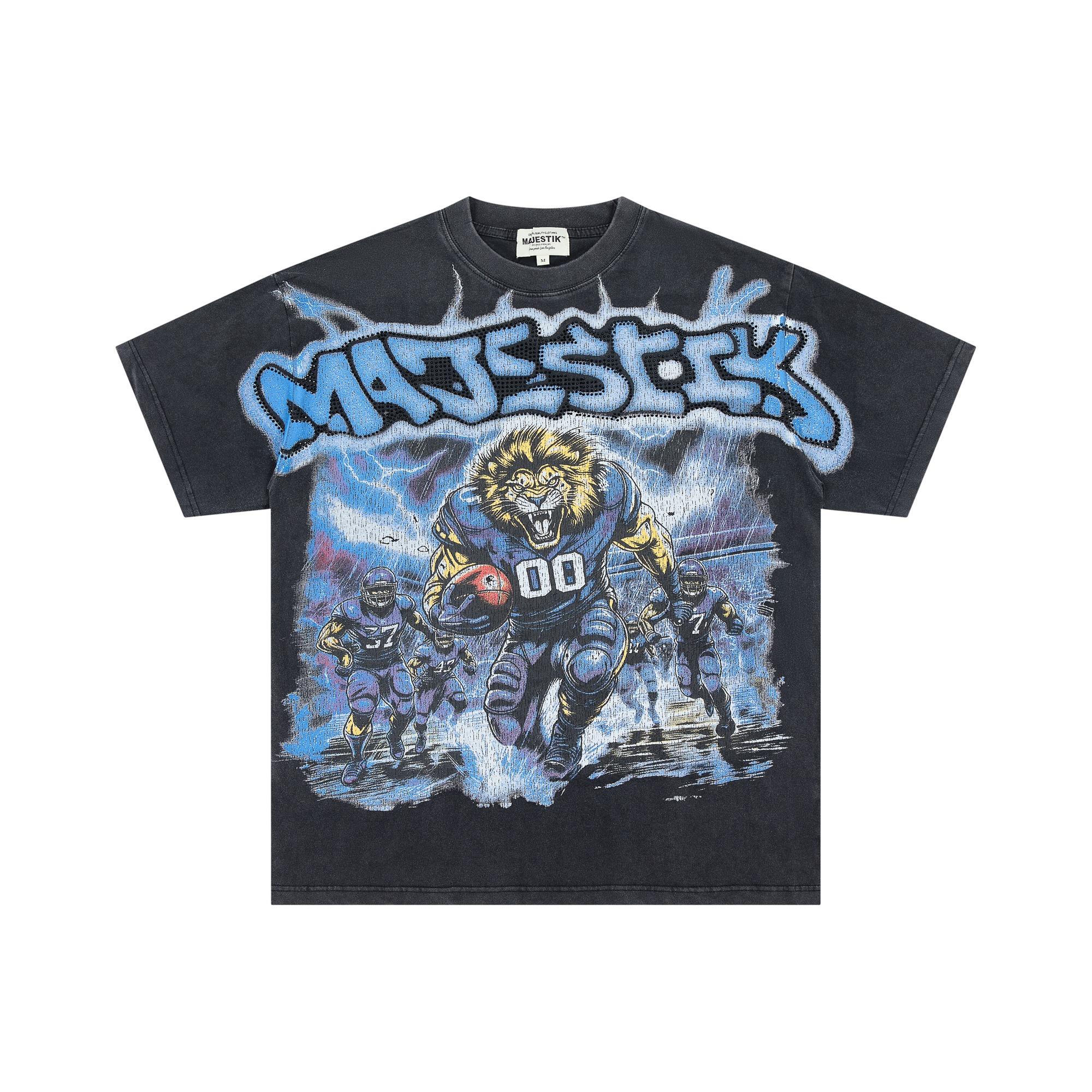 Men Oversized Y2K T-shirt Majestik Rhinestone Lion Football Print Vintage Washed Black Hip Hop Casual Tee S