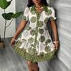 Plus Size Women Polo Collar Patchwork Puff Sleeve Casual A Line Short Mini Dress