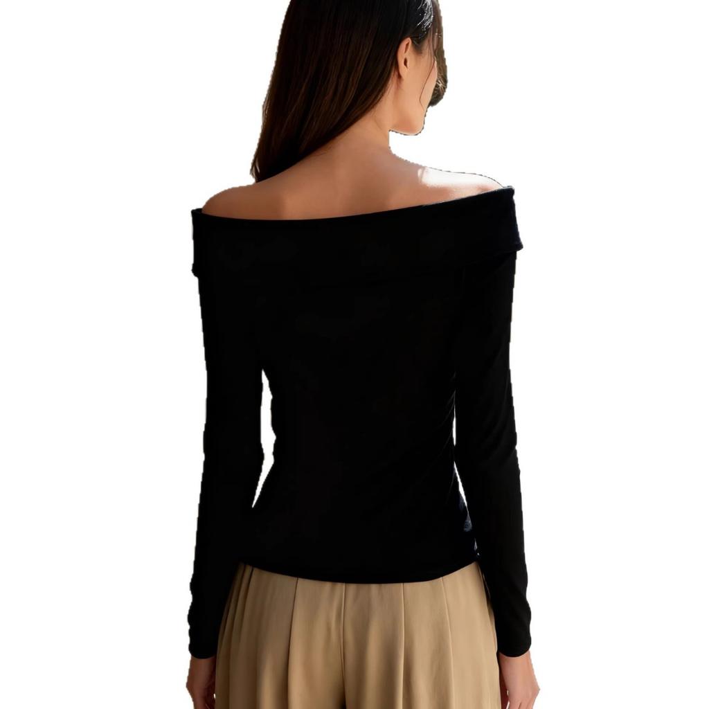 Women's Solid Off-shoulder Long Sleeve Knit Base Top Elegant Spring Autumn Casual Knitwear for Foreign Trade