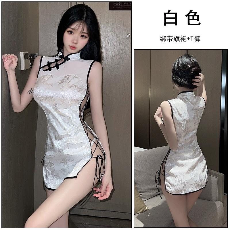 Sex underwear sexy cute side straps hollowed out pure desire temptation cheongsam short skirt white
