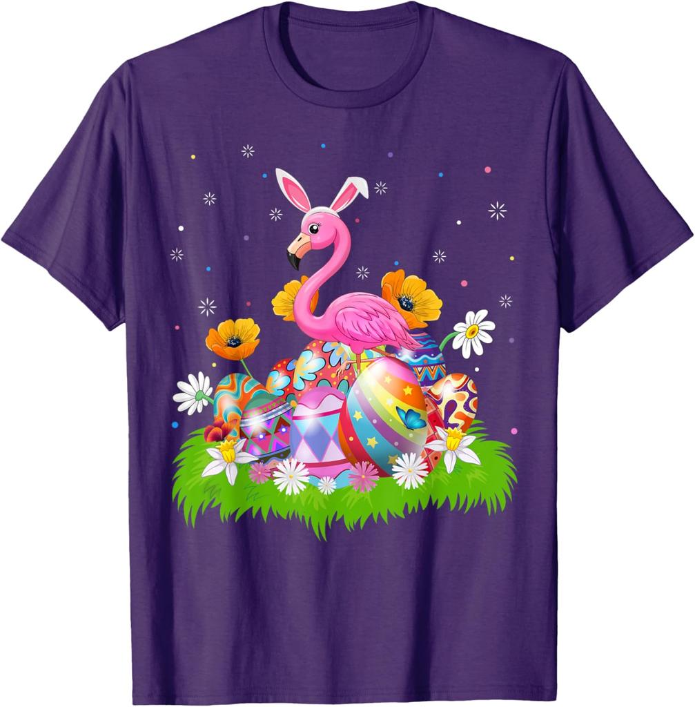 Flamingo Easter Bunny Ears Eggs Graphic Tee Cotton Casual Short Sleeve T-Shirt