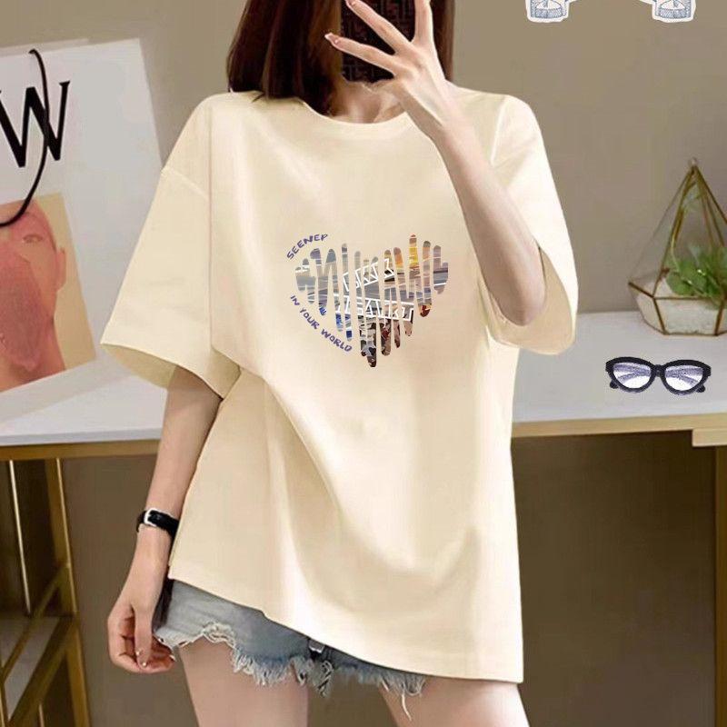 Damen Bedrucktes Baumwoll Kurzarm T-Shirt Damen Sommer 2025 Neu Locker Weißes T-Shirt Enges Oberteil Trend