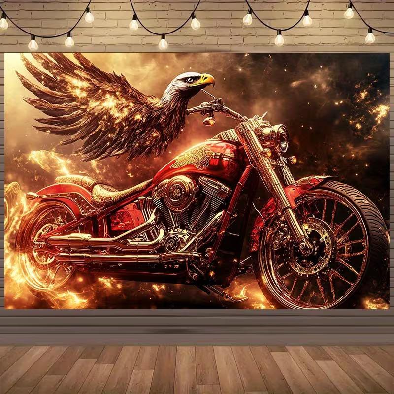 2D Feuereagle & Motorrad Kulisse, Coole Biker-Themen Fotografie Hintergrund