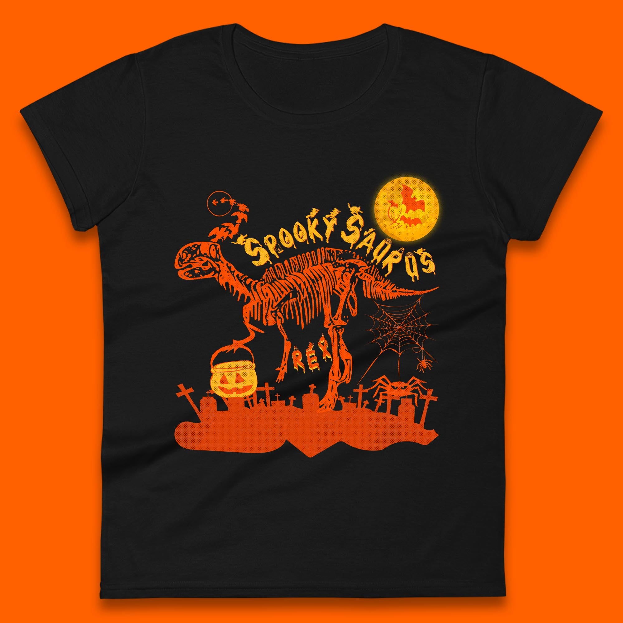 Spooky Saurus Rex Halloween Dinosaur Skeleton T-Rex Scary Pumpkin Womens Tee T Shirt Mens Tops Unisex Top 4XL