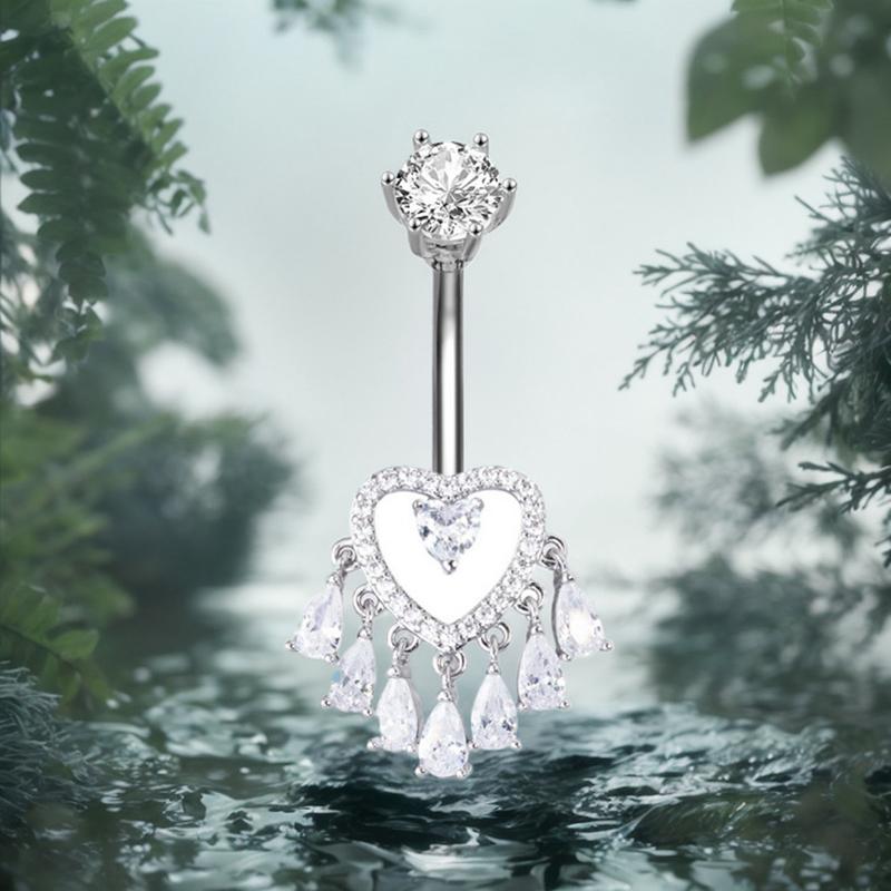 Anneaux de nombril en forme de cœur avec nœud et zircon, piercing de nombril avec pompons en strass, barre de nombril pour femmes, bijoux de corps