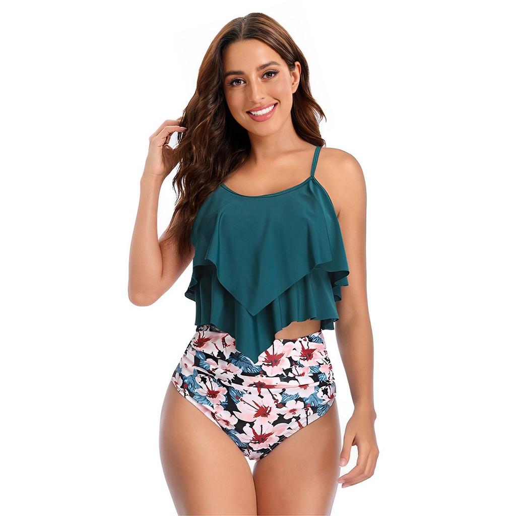 Damen Rüschen Volant Oberteil Hohe Taille Bikini Set Zweiteilig Bauchkontrolle Dezent Bedruckt Sommer Strand Badeanzug Bademode