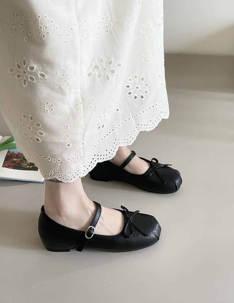 Bow Silver Mary Jane Single Shoes Women's 2025 Summer New French Flat Bottom Round Head Light Mouth One-word Ballet Shoes