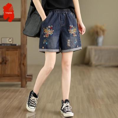 Fengxiao Women's Retro Embroidered Denim Shorts
