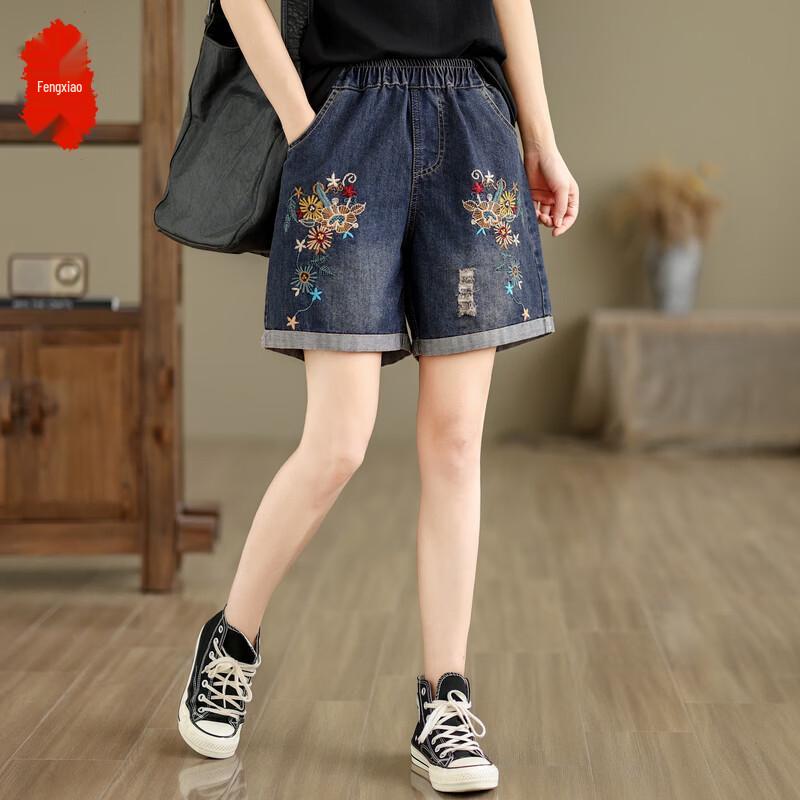 Fengxiao Women s Retro Embroidered Denim Shorts L