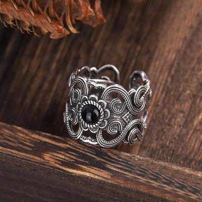 Ethnic Style Wide-sided Pattern Ring, Men's and Women's Fashion Personality Thai Silver Inlaid Black Zircon Open Index Finger Ring