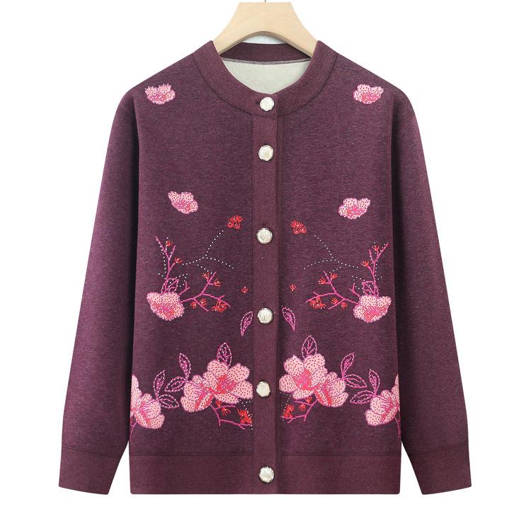 Middle-aged and Elderly Women's Winter Plus Velvet Thickened Sweater Grandma Winter Warm Top New Mother Printed Cardigan