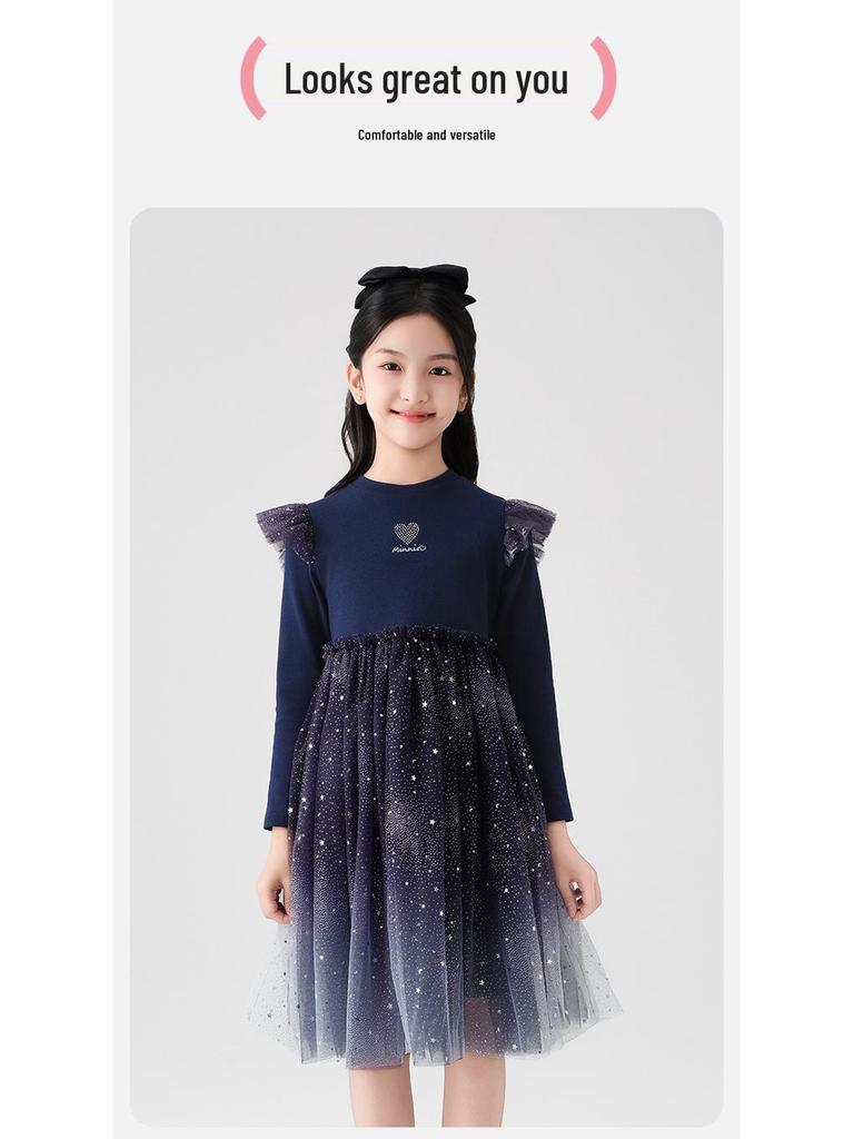 Verträumtes Sternenhimmel-Farbverlaufs-Netzkleid: Prinzessinnenkleid mit Herzchen und Strasssteinen für Mädchen
