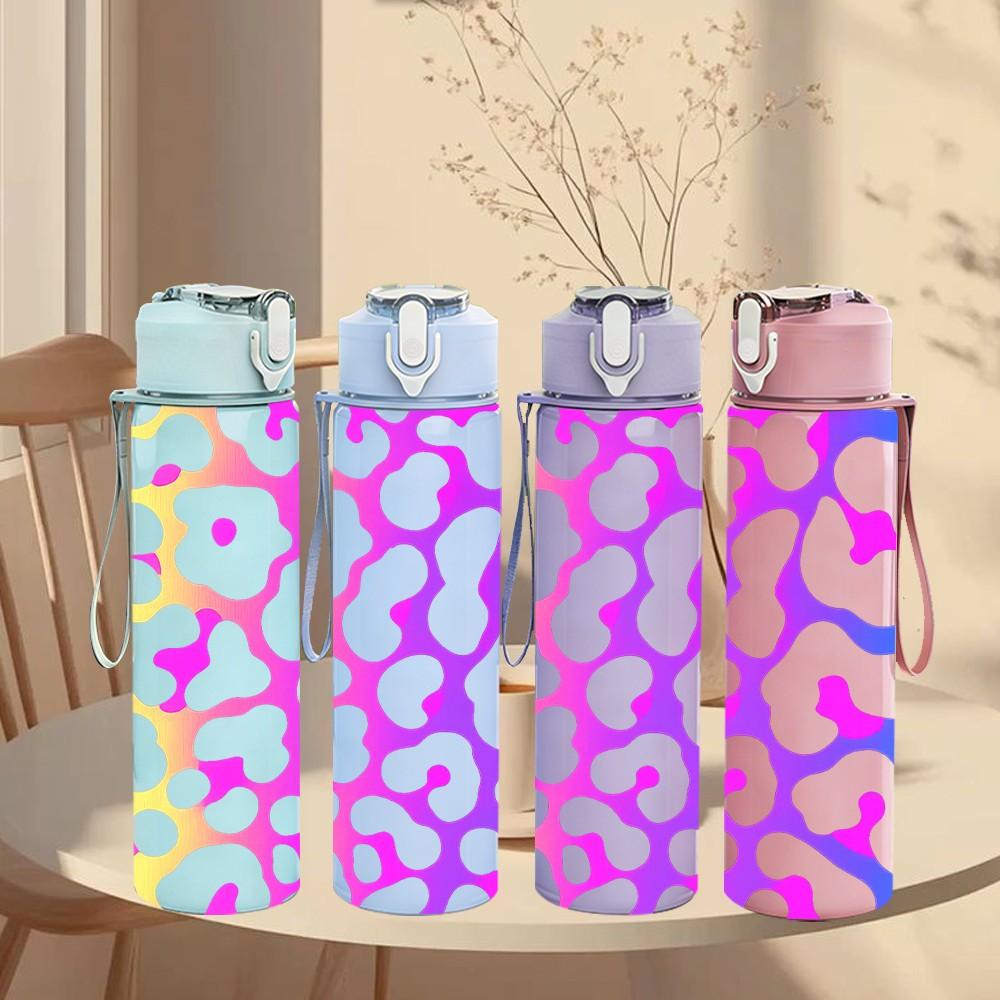 1PC Colorful Neon Leopard Pattern Print 750ml Color Plastic Sports Water Bottle Leakproof Flip Straw Lid Suitable for Sports Office Home Use
