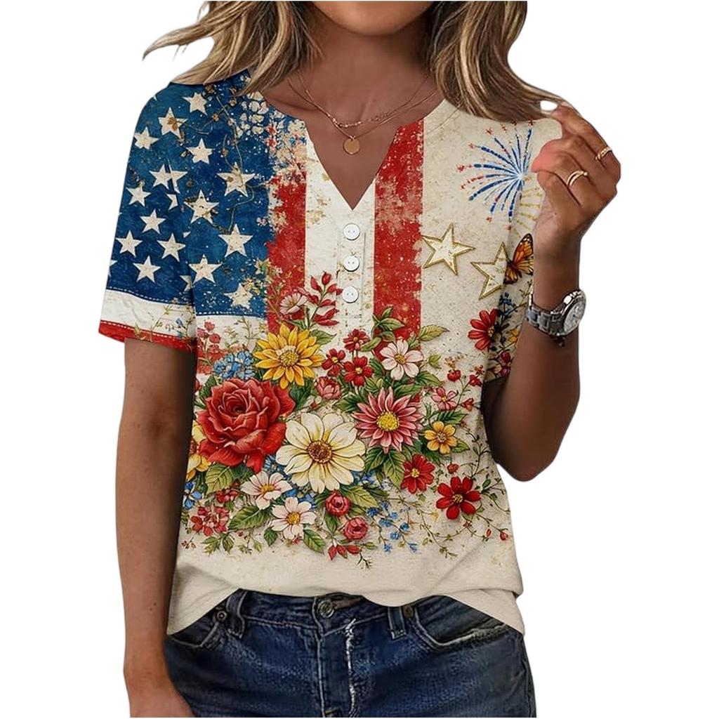 Women’s Short Sleeve Henley Neck T Shirt with Flag and Floral Print Button Casual Loose Fit Top