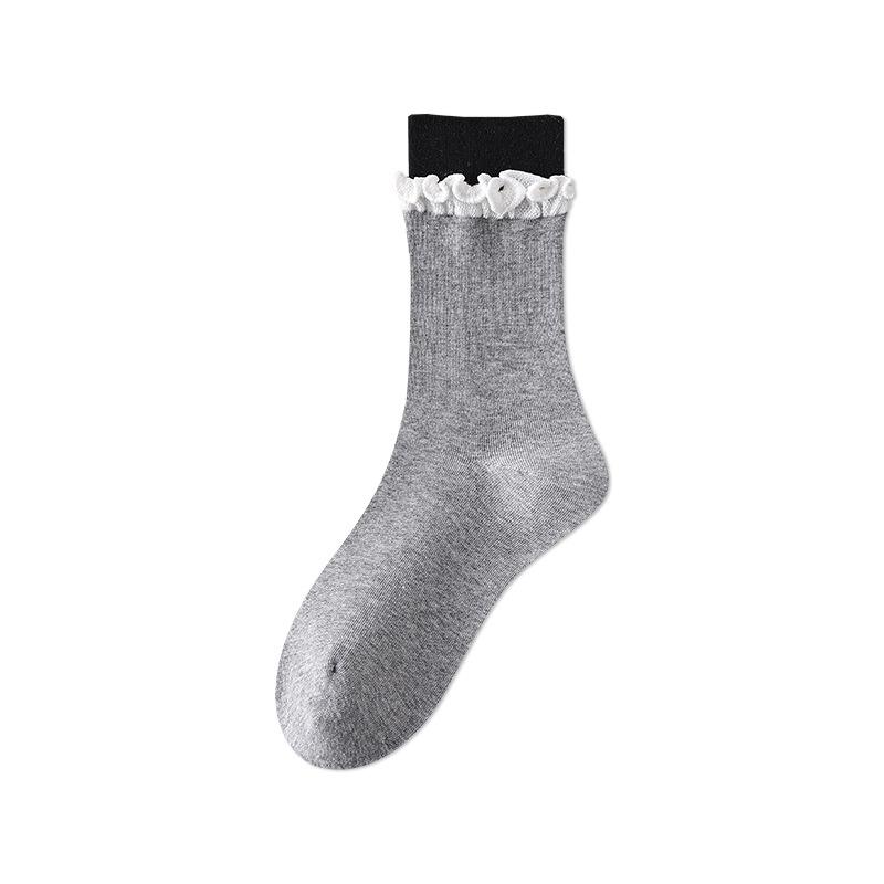 Women's Boneless Spring and Autumn Socks, Cotton Socks, Ballet-style, Black Ear-trimmed, White Mid-calf Socks