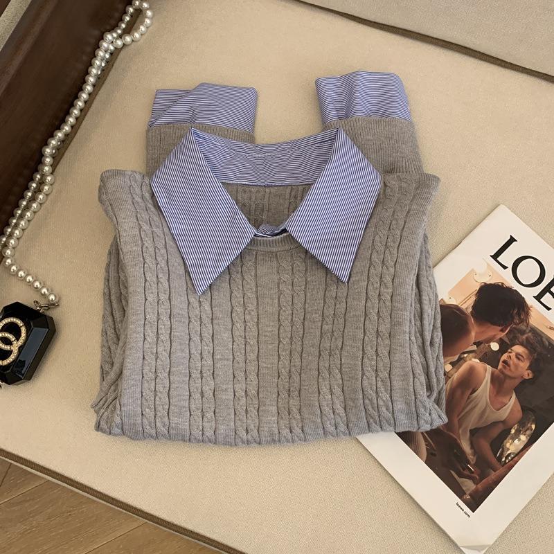 Polo knitted sweater women's spring bottoming shirt fake two-piece shirt stacked inside top tide