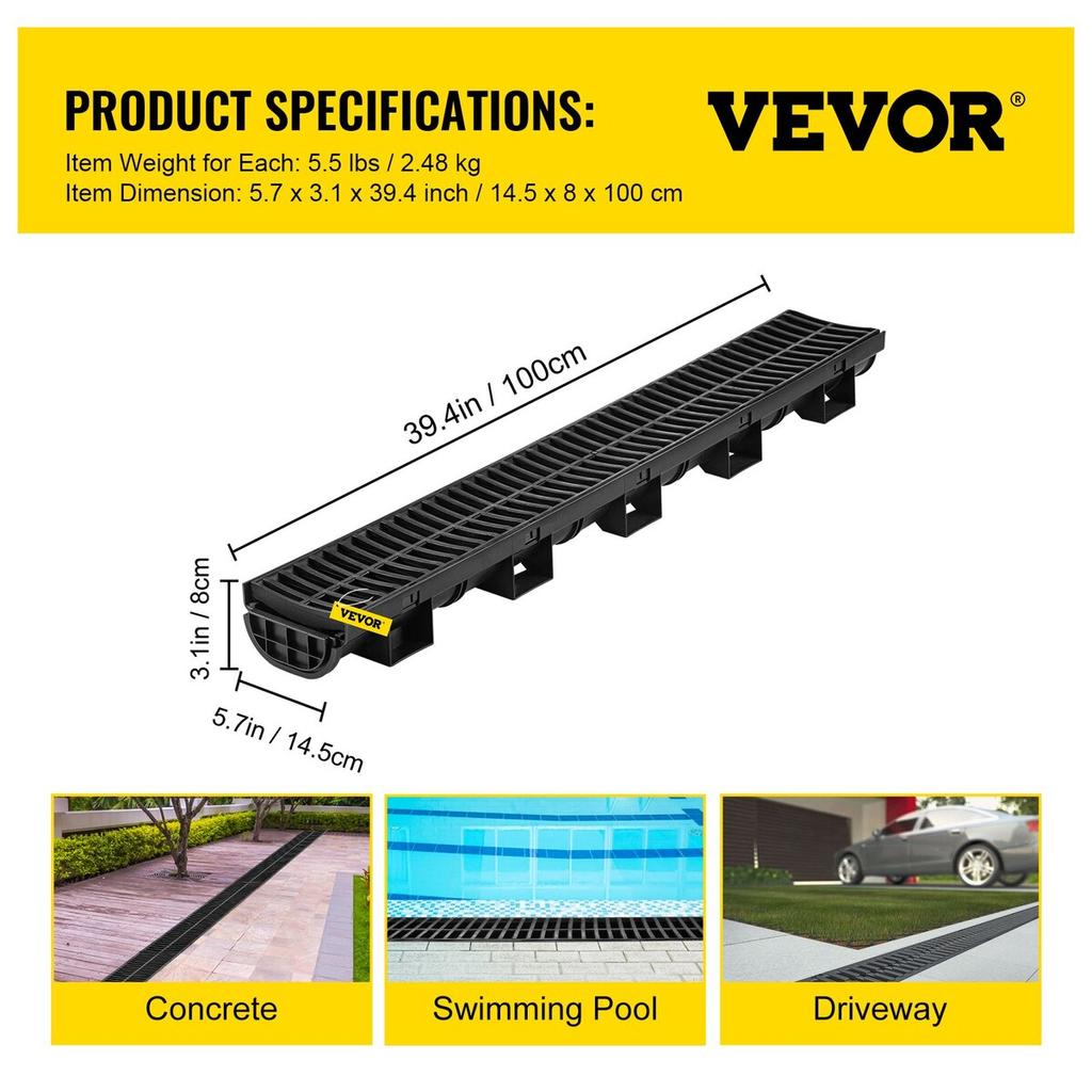 Trench Drain System, Channel Drain with Plastic Grate, 145x79MM HDPE Drainage Trench, Black Plastic Garage Floor Drain, 3x39 Trench Drain Grate, with