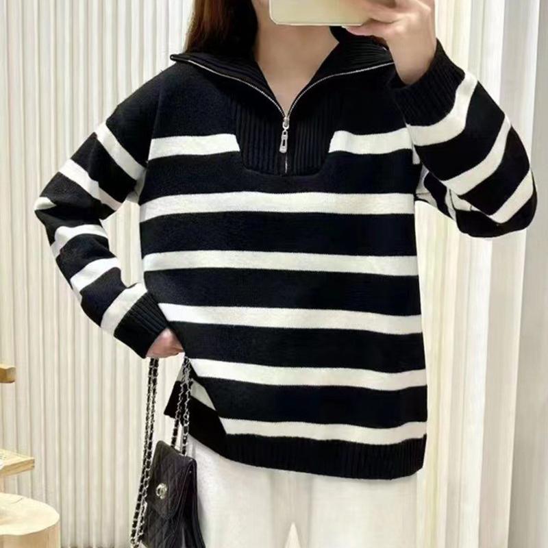 Maglione da Donna Casual Largo con Collo Alto e Zip a Strisce Lavorato a Maglia Pullover Autunno Inverno Top Caldi Maglieria Primaverile