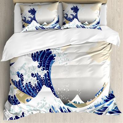 Hokusai Pattern Ukiyo-E Theme Three-Piece Quilt Cover Digital Printing Bedding Set