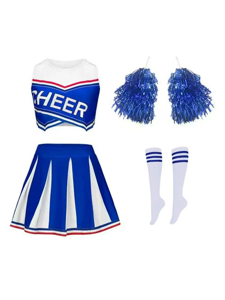 Women Girl Cheerleading Costume Sleeveless Dress Hand Flower With Stockings Dance Costume Set Schoolgirl Cheerleading Dance Suit