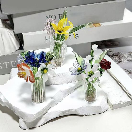 Handmade Glass Flower Decoration with Stem Hand-Blown Mini Floral Plants Figurine Home Living Room Office Table Flower Vase Ornament