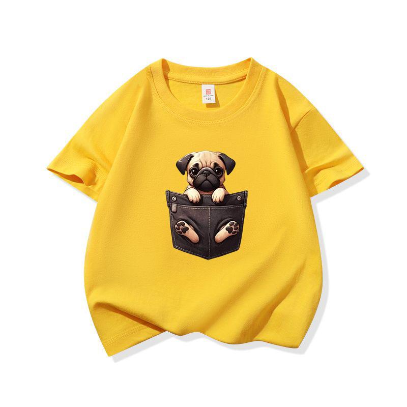 Kids Cotton T Shirt Cute Pocket Pug Puppy Dog Graphic Crew Neck Short Sleeve Tee Casual Breathable Boys Girls Summer Tops