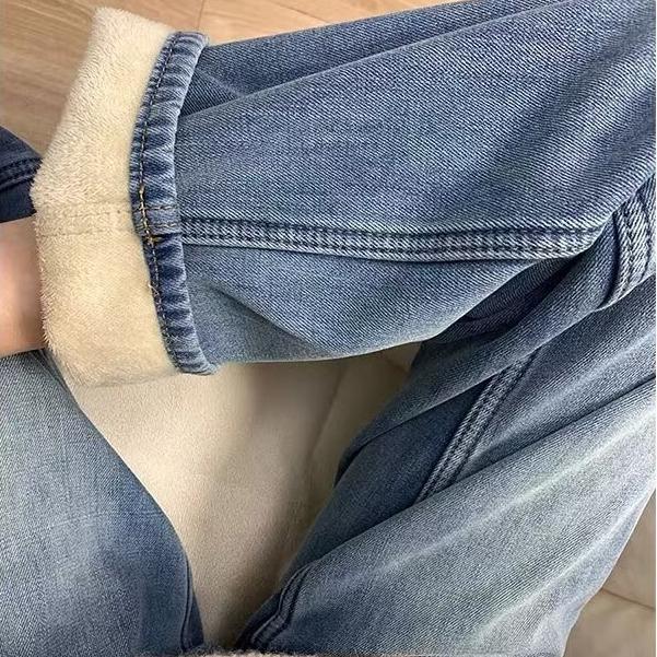 Women's High-Waisted Retro Blue Fleece-Lined Wide-Leg Jeans for Autumn and Winter