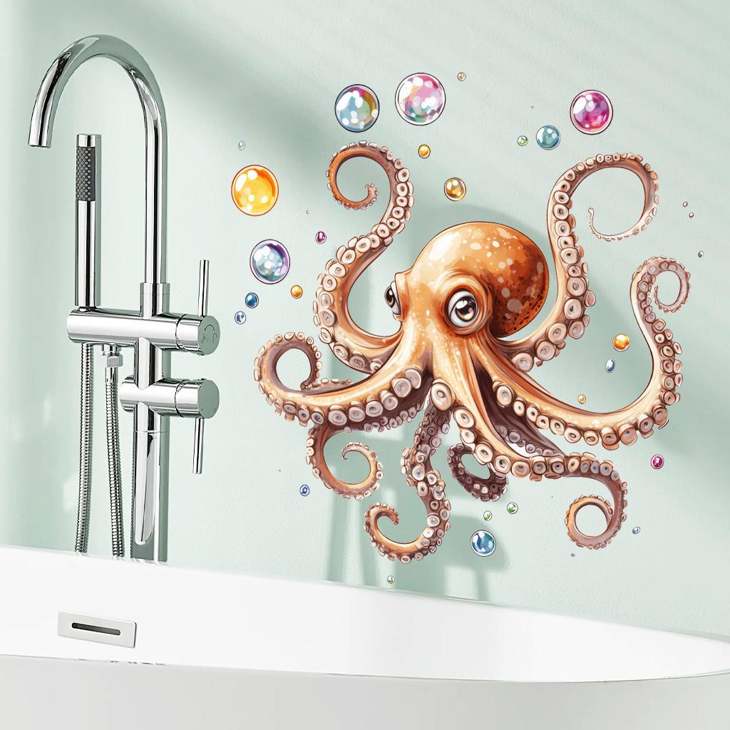 Cute Octopus and Bubbles Wall Stickers, Removable Anti-Static Waterproof Self-Adhesive PVC Decals for Kids Room Bathroom Living Room Decoration
