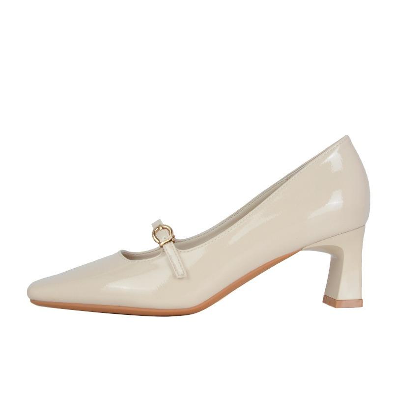 Sexy Sheepskin High Heels New Square Head Temperament Patent Leather Single Shoes Thick Heel