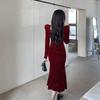 High-End Korean Style Black Velvet Slim Fit Mermaid Dress with Square Neck and Long Sleeves - Elegant Evening Gown for Women