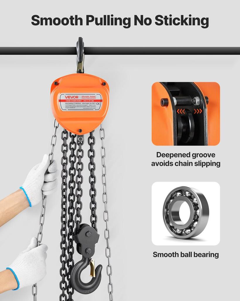 Hand Chain Hoist, 3 Ton Capacity, Manual Chain Block with Upgrade G80 Galvanized Chain, 3 m Lifting Height, Heavy Duty Pulley Hoist for Garage
