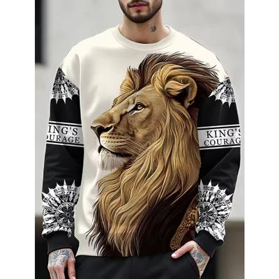 Men's Personalized Fierce Lion Animal Print Casual Hoodies Fashion Round Neck Pullover Sweatshirt Loose Fit