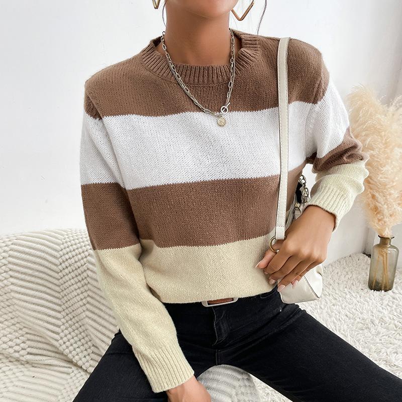 Vintage Mode Elegant Lässig Damen Herbst Colorblocking Langarm Rundhals Pullover Damen