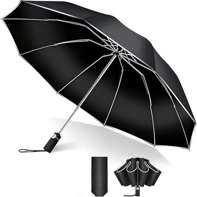 Vikbar Paraply med Automatisk Kraftigt Regn Lämplig för Bredd 105cm Reflekterande Ljus UV Teflon Förvaringspåse Hållbar och Svart Omvänd Vikning 10 Ribbar