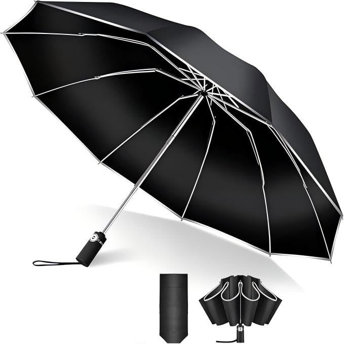 

Складной зонт с автоматическим механизмом, подходящий для сильного дождя, широкий 105 см, со светоотражающей полосой, УФ-защитой, тефлоновым покрытием, чехлом для хранения, прочный, черный, с 10 ребрами, обратного сложения чёрный