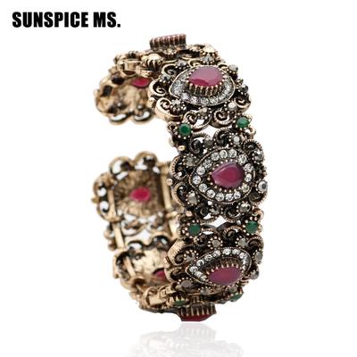 Turco feminino flor vintage pulseira manguito antigo cor de ouro aberto elástico ajustar tamanho pulseira
