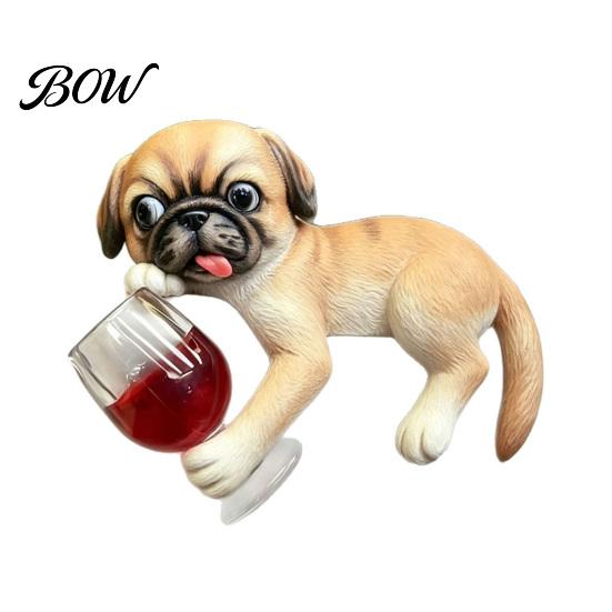 Creative Planter Edge Decor Lying Pug Statue for Planter, Dog Figurine with Red Wine Weatherproof Glass, Cute Resin Ornament Flower Pot Decoration A