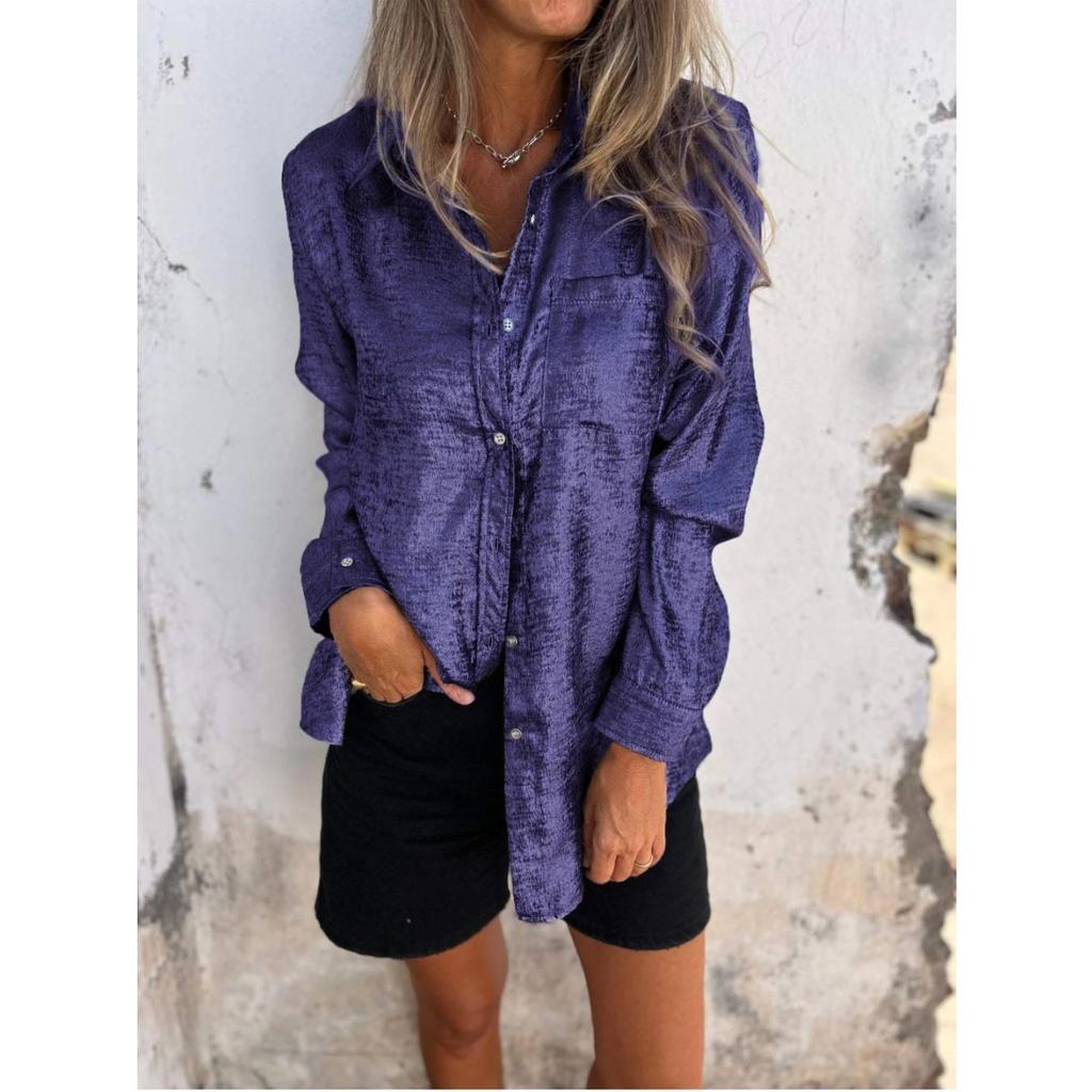 Women's Lapel Collar Long Sleeve Metallic Foil Single Breasted Pocket Loose Casual Shirt Blouse