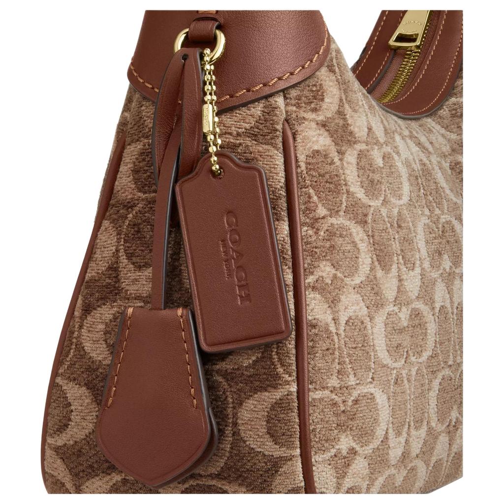 Coach Ella 35 Classic Monogram Print Chenille Velvet And Smooth Leather Tote Shoulder Bag Small Women Bags Light-Khaki Vintage-Brown CDV37-IMYN0