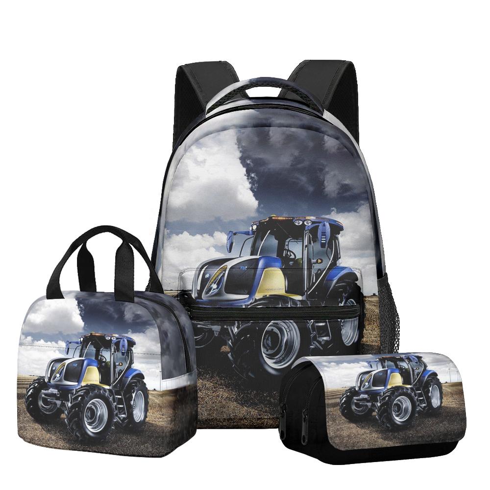 Classic Novelty Cool Tractor pattern 3D Printed 3pcs/Set Student School Bags Laptop Daypack Backpack Lunch bag Pencil Case