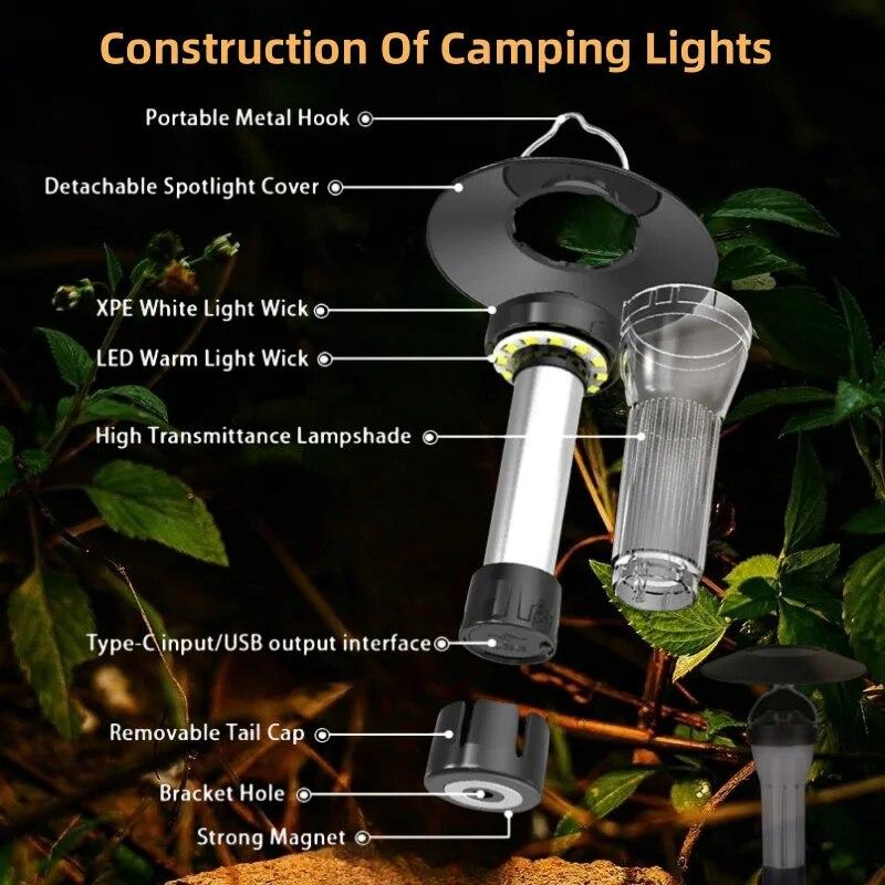 Rechargeable Camping Lamp 3 Light Sources 4 Gears Flashlight Ip45 Waterproof Tripod Magnetic Base Emergency