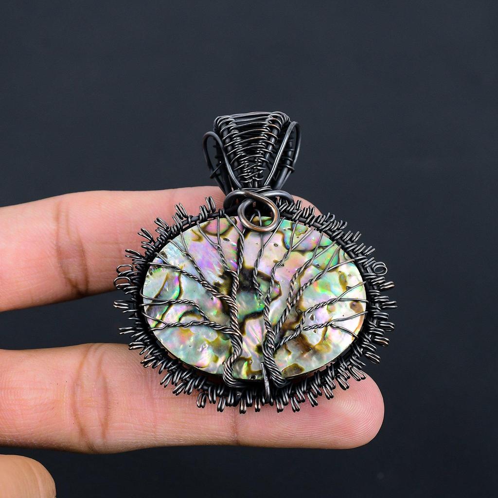 Doppelter Lebensbaum, Abalone-Muschel, Edelstein, handgefertigt, Kupferdraht, Wickelanhänger, Schmuck für Frauen