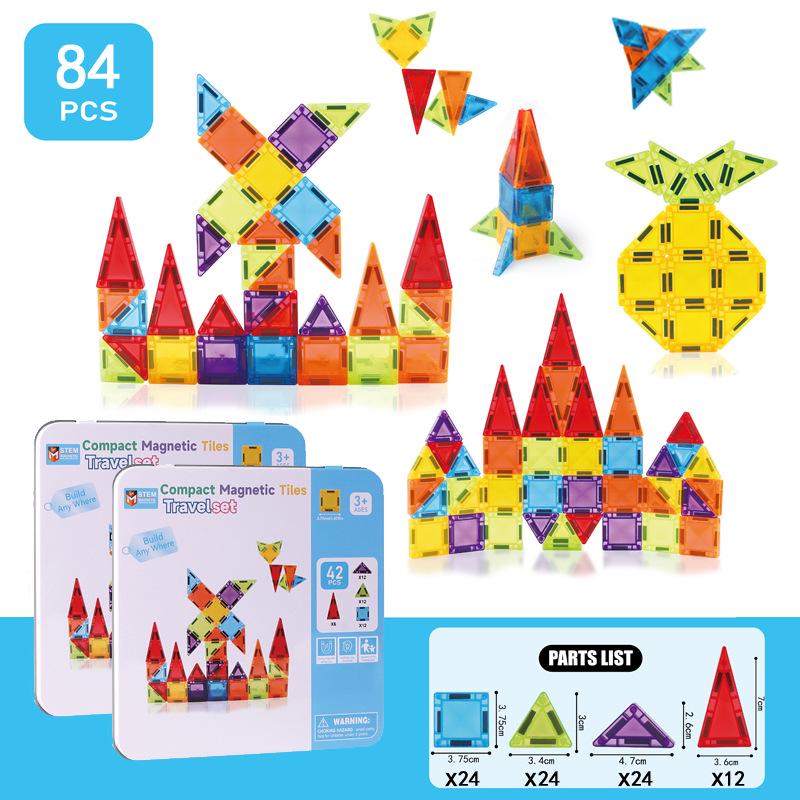 Portable Children's Magnetic Tile Puzzle Toy – Stained Glass Magnetic Building Set in Iron Box