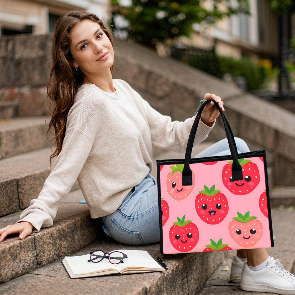 Cute Strawberry Pattern Women Tote Bag Casual Portable Large Capacity Daily Shopping Handbag