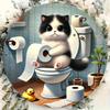 Funny Black and White Cat On Toilet with Toilet Paper Round Metal Sign D Flat Printed Cute Bathroom Art Tin Plaque Whimsical