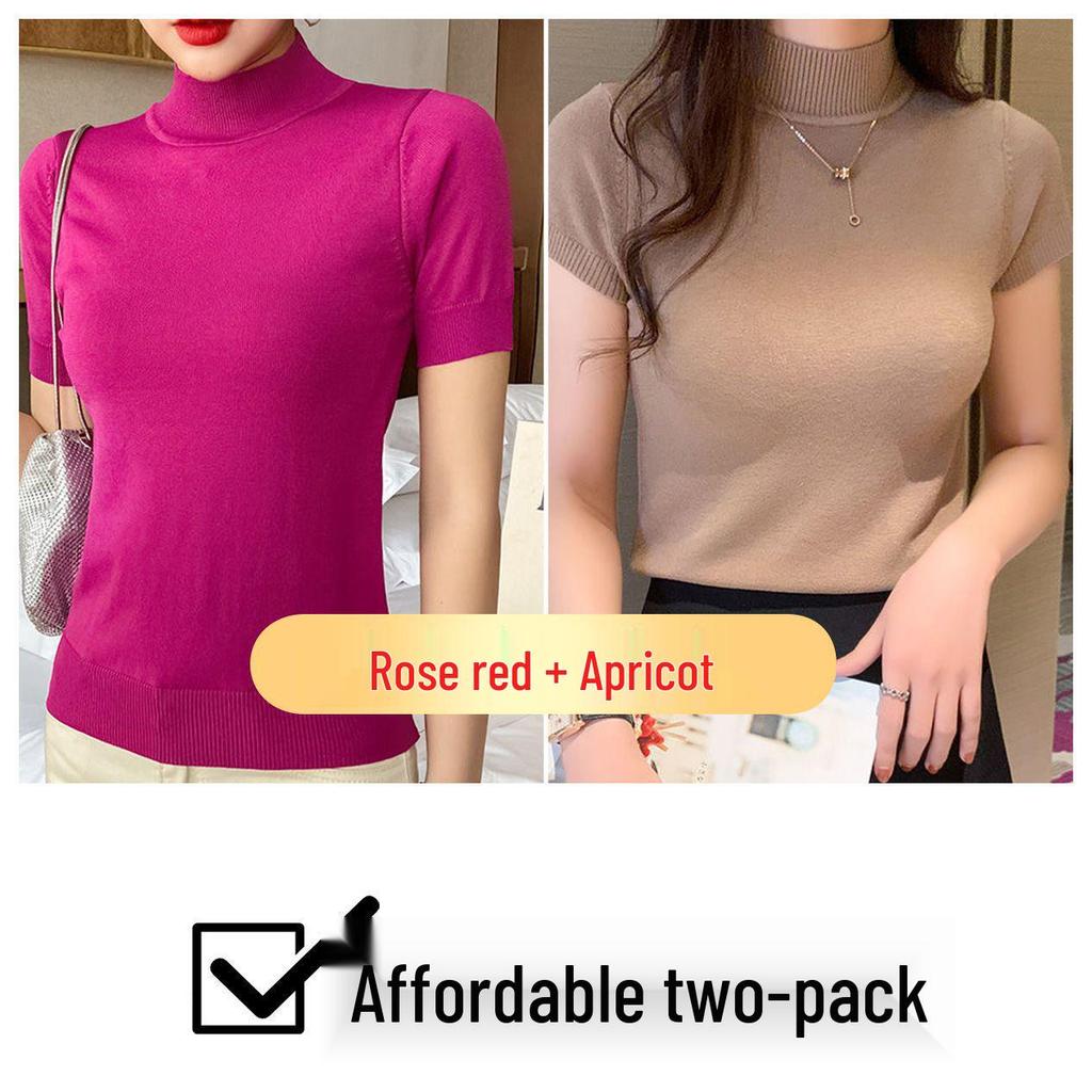 Women's Ice Silk Knit Slim Fit Short Sleeve Top - Half-High Collar, Stretchy, Solid Color